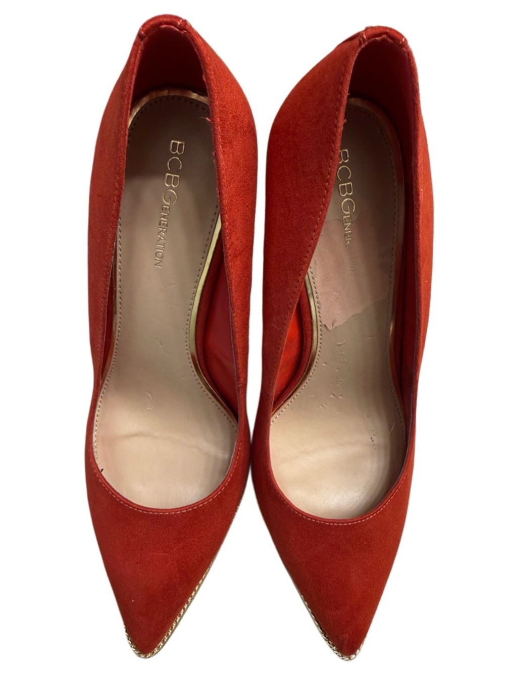 BCBGeneration RED SUEDE POINTED TOE PUMPS WITH GOLD TRIM - Picture 3 of 6
